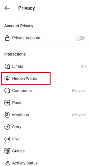 hidden words tab