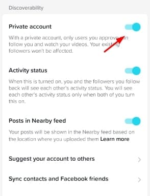 Toggle on the button to set your account as private